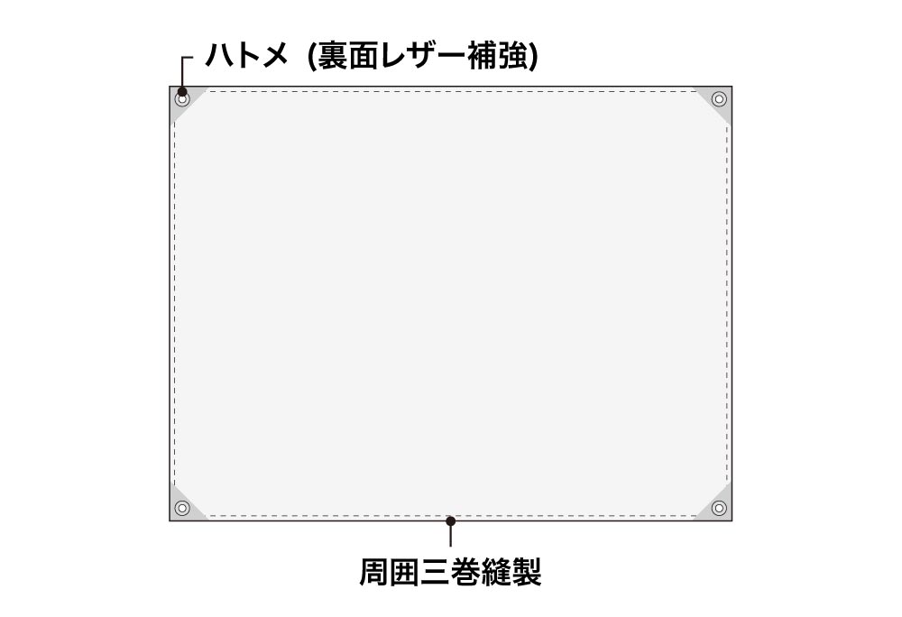 横断幕仕様 周囲三巻縫製+ハトメ加工